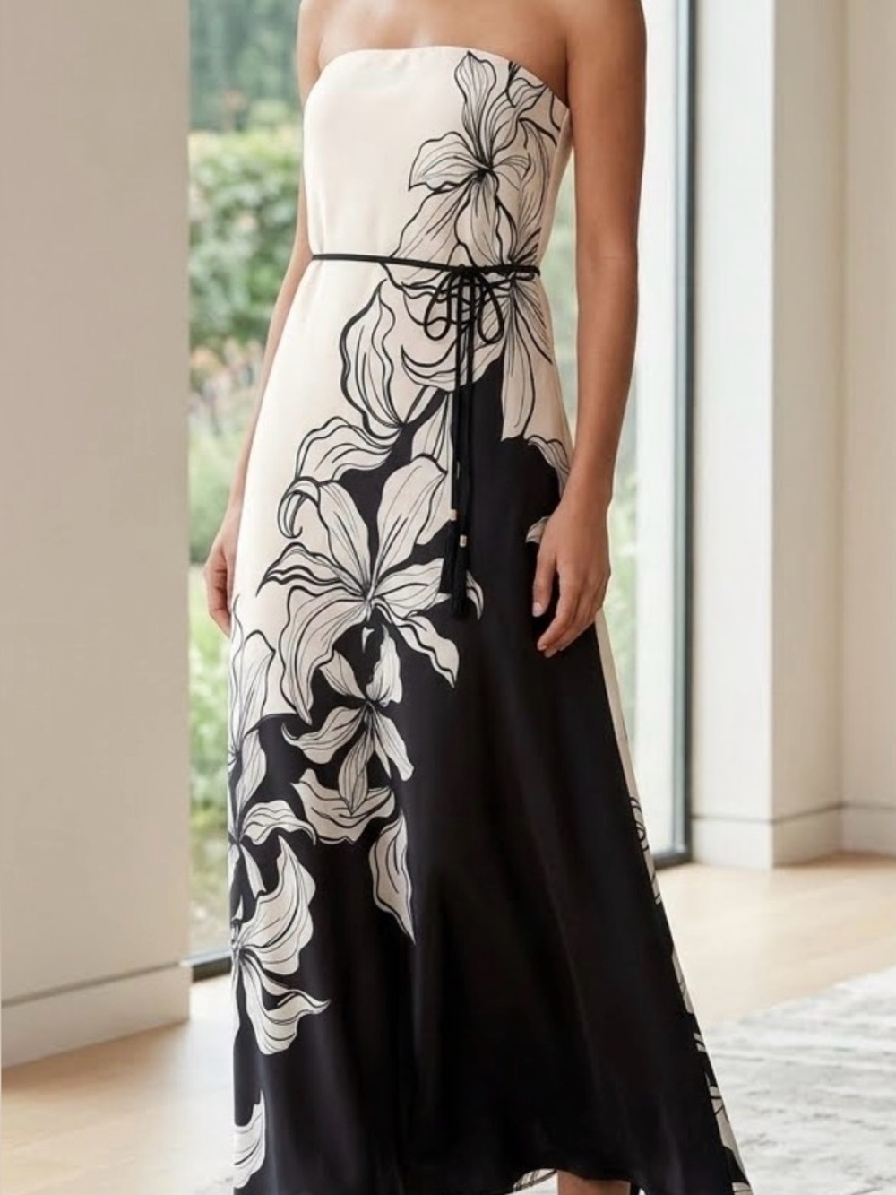 Nicole Miller NY Colorblock Floral Artsy Monochrome Strapless Maxi Dress XS NWOT
